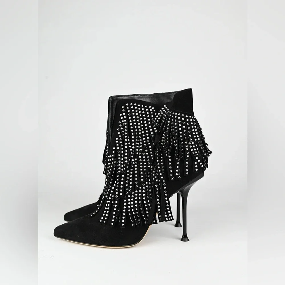 Sergio Rossi Black Ankle Boots with Silver Fringe - Picture 2 of 16